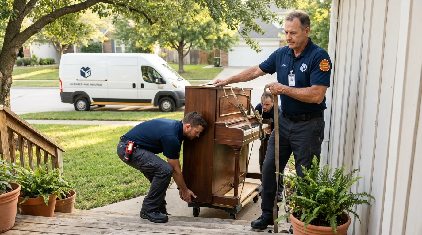 Licensed piano movers securing grand piano in Kittery, ME