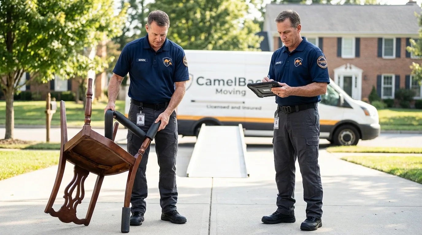 Movers inspecting furniture for damage prevention before loading in Kittery, ME