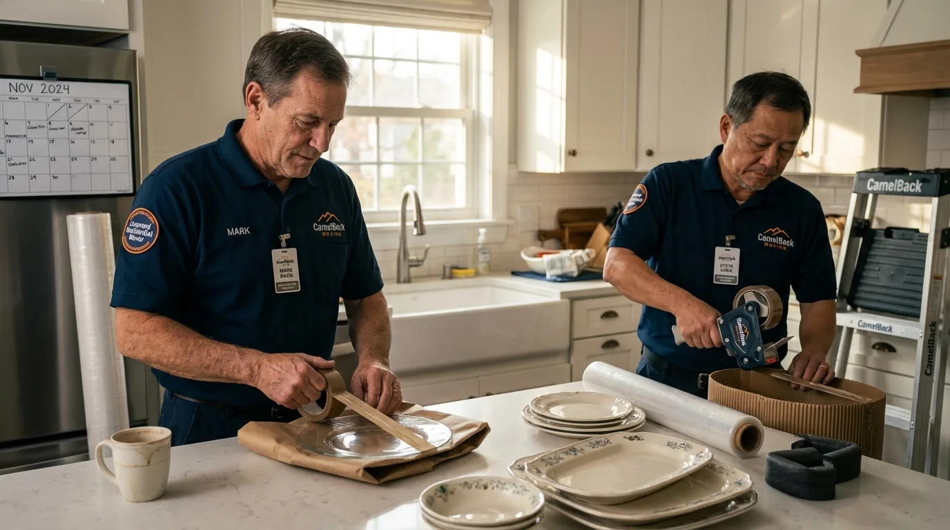 Professional crew packing kitchen dishware in Kittery, ME